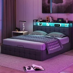 Lit 160x200 avec Sommier, Cadre de lit avec Éclairage LED et 2 Prises CA & 2 Ports USB,Tissu en Lin, Gris>Fortuna lai