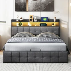 Lit 160x200 avec Sommier, Cadre de lit avec Éclairage LED et 2 Prises CA & 2 Ports USB,Tissu en Lin, Gris><noscript><img width=