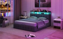 Lit 160x200 avec Sommier, Cadre de lit avec Éclairage LED et 2 Prises CA & 2 Ports USB,Tissu en Lin, Gris><noscript><img width=