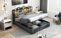 Lit 160x200 avec Sommier, Cadre de lit avec Éclairage LED et 2 Prises CA & 2 Ports USB,Tissu en Lin, Gris><noscript><img width=