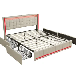 Lit 160x200 avec Sommier LED et USB, Lit Coffre 140x200 avec Lattes et 4 Tiroirs , Beige>Fortuna lai