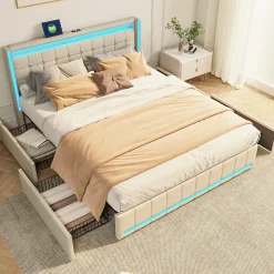 Lit 160x200 avec Sommier LED et USB, Lit Coffre 140x200 avec Lattes et 4 Tiroirs , Beige><noscript><img width=