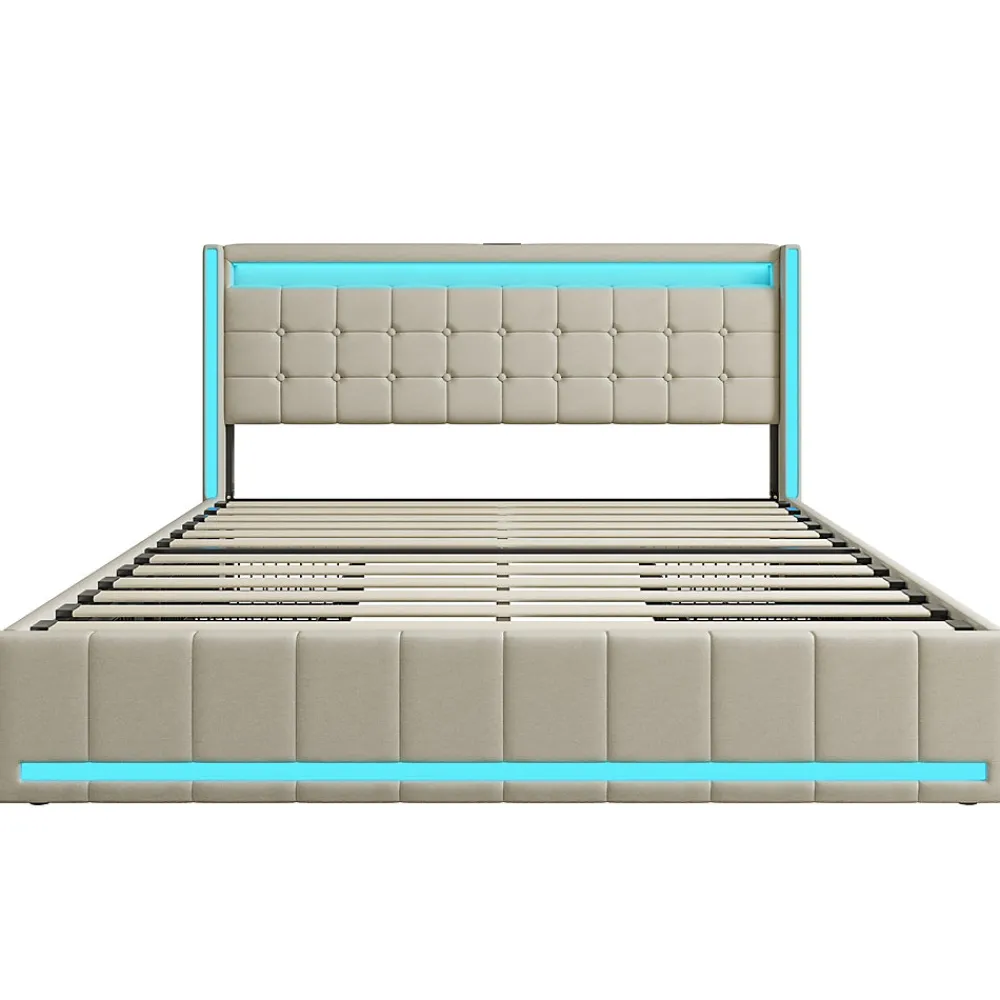 Lit 160x200 avec Sommier LED et USB, Lit Coffre 140x200 avec Lattes et 4 Tiroirs , Beige>Fortuna lai