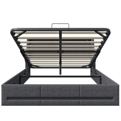 Lit 140x190 avec Sommier LED et USB, Lit Coffre avec Rangement et Tete de Lit, lit 2 persons de Rangement Hydraulique, Gris><noscript><img width=