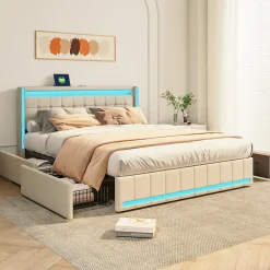 Lit 140x190 avec Sommier LED et USB, Lit Double avec 4 tiroirs, Beige>Simple Life Outlet