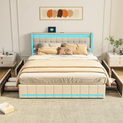 Lit 140x190 avec Sommier LED et USB, Lit Double avec 4 tiroirs, Beige>Simple Life Outlet