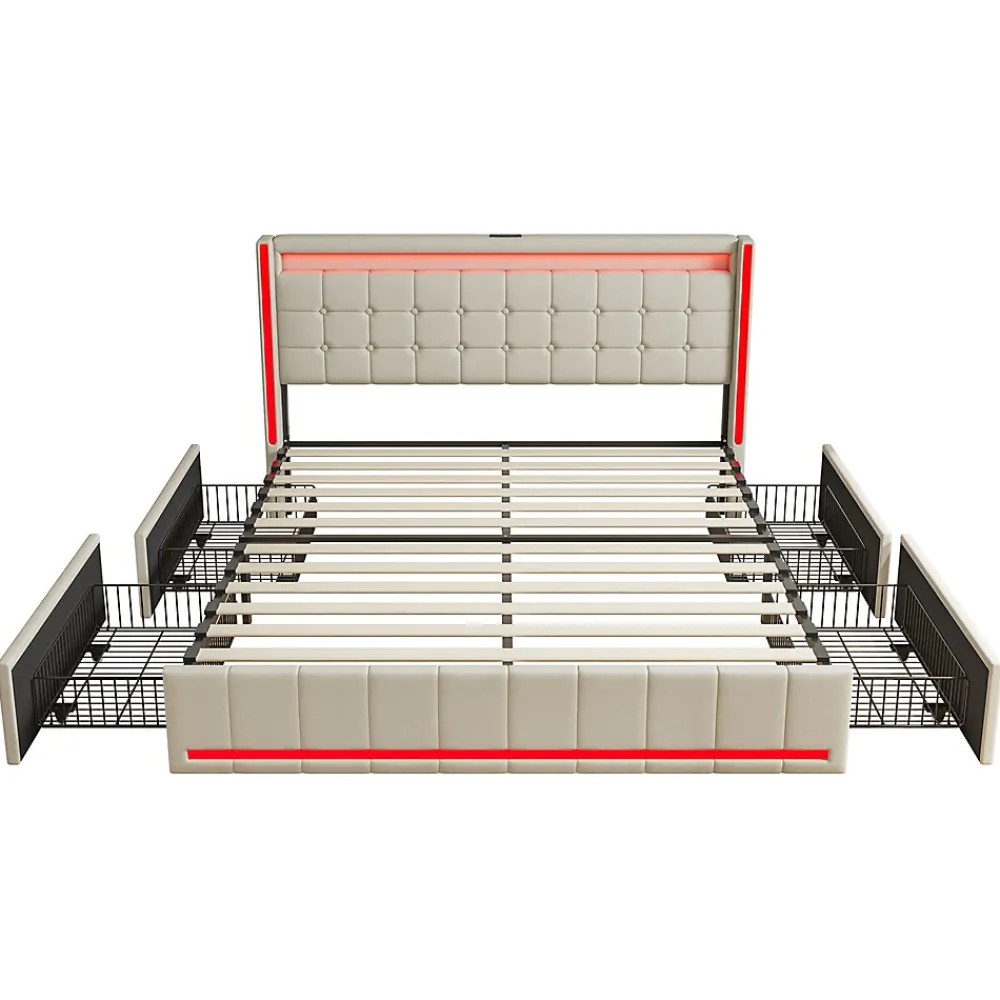 Lit 140x190 avec Sommier LED et USB, Lit Double avec 4 tiroirs, Beige>Simple Life Outlet