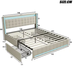 Lit 140x190 avec Sommier LED et USB, Lit Double avec 4 tiroirs, Beige><noscript><img width=