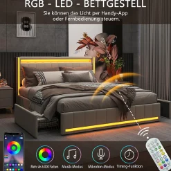 Lit 140x190 avec Sommier LED et USB, Lit Double avec 4 tiroirs, Beige><noscript><img width=
