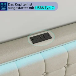 Lit 140x190 avec Sommier LED et USB, Lit Double avec 4 tiroirs, Beige><noscript><img width=
