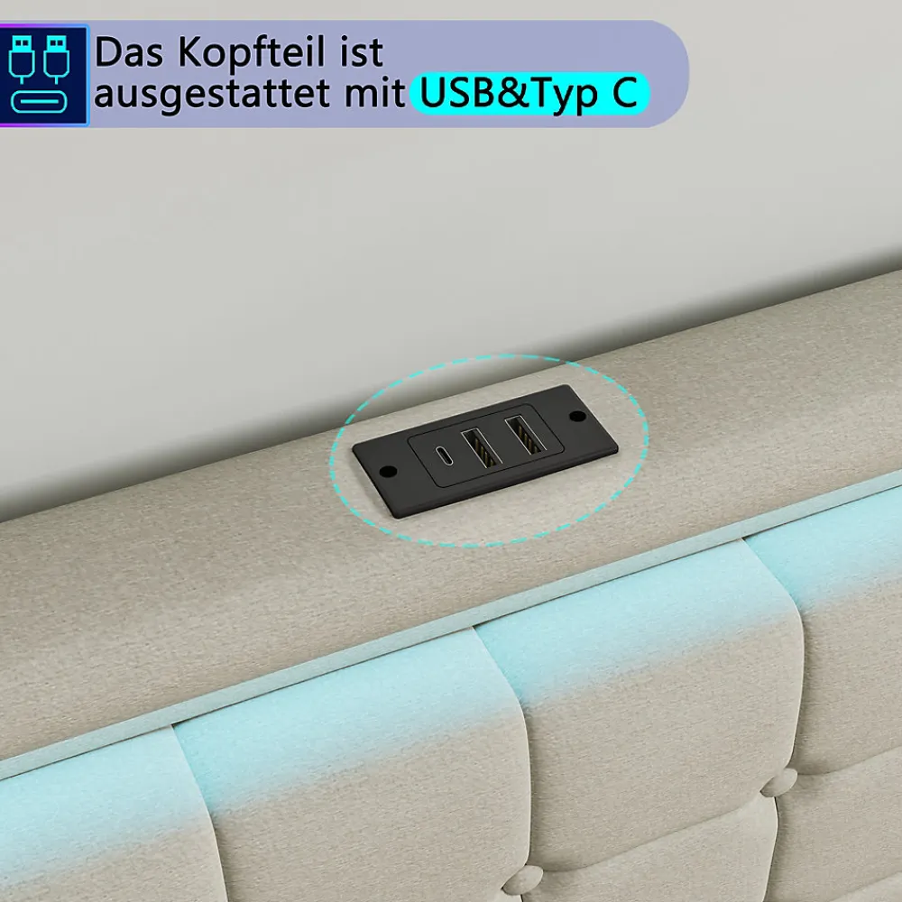 Lit 140x190 avec Sommier LED et USB, Lit Double avec 4 tiroirs, Beige>Simple Life Outlet