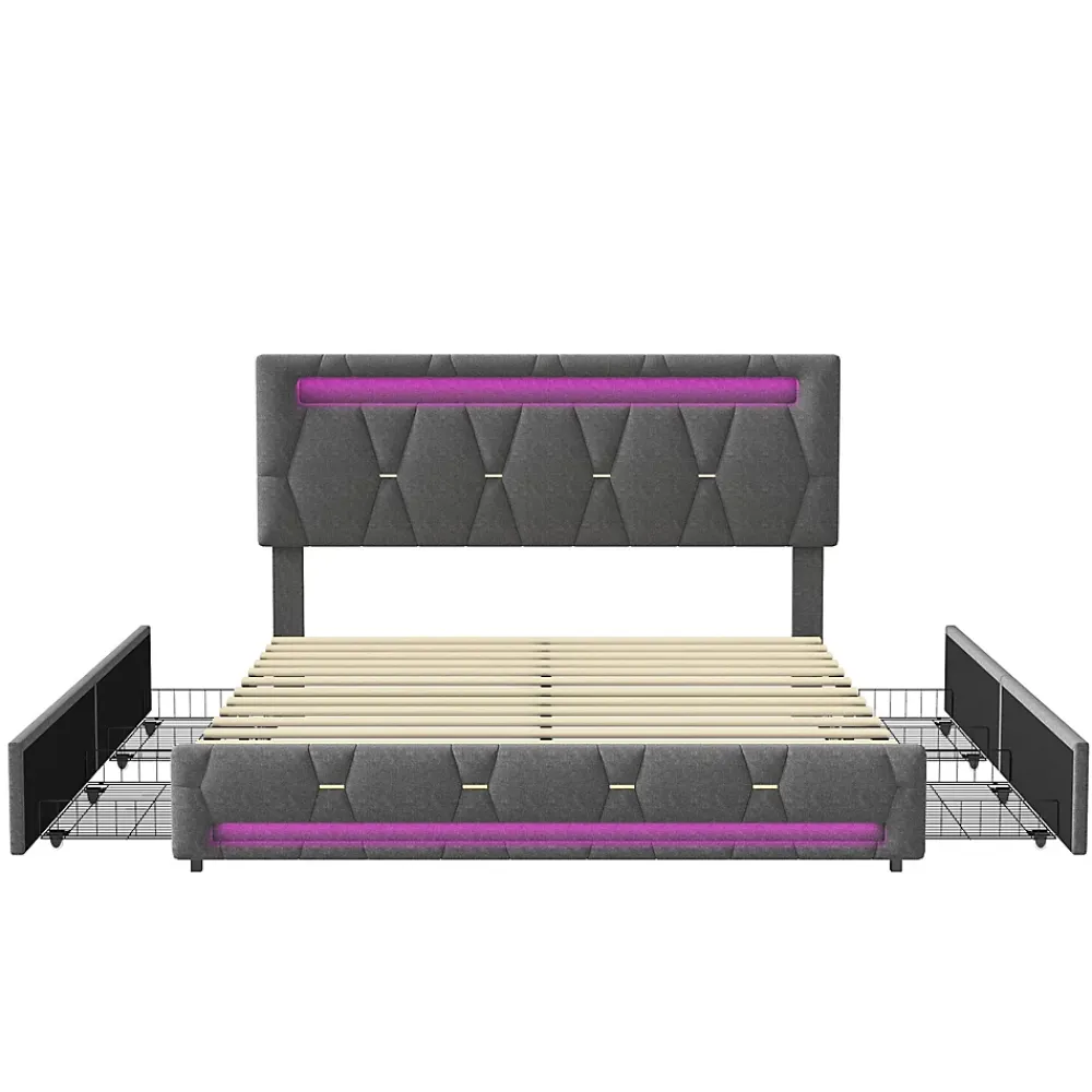 Fortuna lai Lit 160x200 avec Sommier LED et USB,Lit capitonné avec 4 tiroirs et Grand Rangement Lit,Gris* Lit Coffre