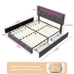Fortuna lai Lit 160x200 avec Sommier LED et USB,Lit capitonné avec 4 tiroirs et Grand Rangement Lit,Gris* Lit Coffre