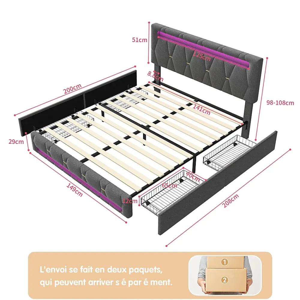 Fortuna lai Lit 160x200 avec Sommier LED et USB,Lit capitonné avec 4 tiroirs et Grand Rangement Lit,Gris* Lit Coffre