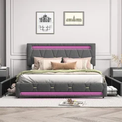 Fortuna lai Lit 160x200 avec Sommier LED et USB,Lit capitonné avec 4 tiroirs et Grand Rangement Lit,Gris* Lit Coffre