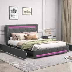 Fortuna lai Lit 160x200 avec Sommier LED et USB,Lit capitonné avec 4 tiroirs et Grand Rangement Lit,Gris* Lit Coffre