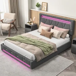 Fortuna lai Lit 160x200 avec Sommier LED et USB,Lit capitonné avec 4 tiroirs et Grand Rangement Lit,Gris* Lit Coffre