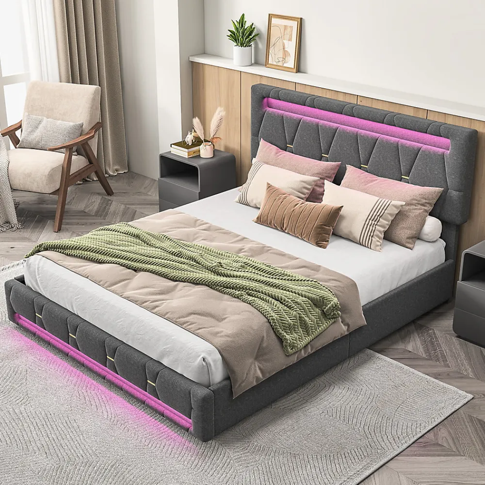 Fortuna lai Lit 160x200 avec Sommier LED et USB,Lit capitonné avec 4 tiroirs et Grand Rangement Lit,Gris* Lit Coffre