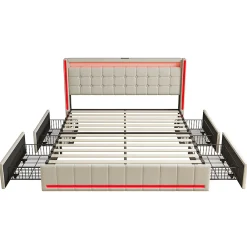 Simple Life Lit 140x200 Avec Sommier LED Et USB, Lit Coffre 140x200 Avec Lattes Et 4 Tiroirs , Beige* Lit Coffre