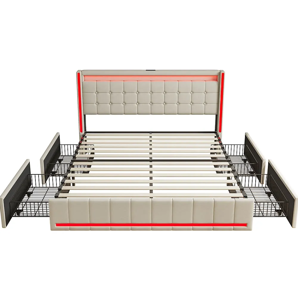 Simple Life Lit 140x200 Avec Sommier LED Et USB, Lit Coffre 140x200 Avec Lattes Et 4 Tiroirs , Beige* Lit Coffre