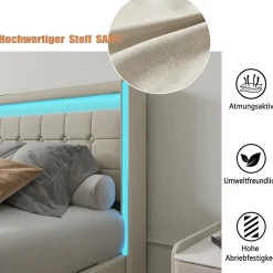 Simple Life Lit 140x200 Avec Sommier LED Et USB, Lit Coffre 140x200 Avec Lattes Et 4 Tiroirs , Beige* Lit Coffre