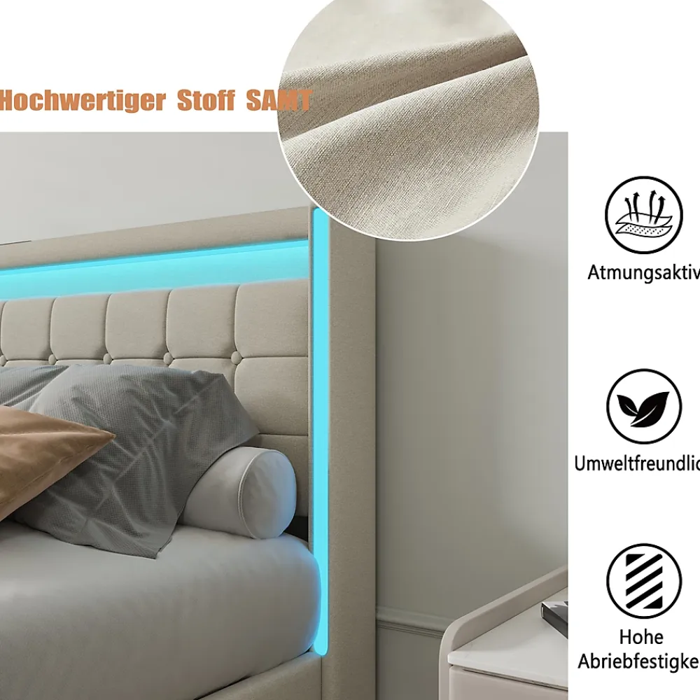 Simple Life Lit 140x200 Avec Sommier LED Et USB, Lit Coffre 140x200 Avec Lattes Et 4 Tiroirs , Beige* Lit Coffre