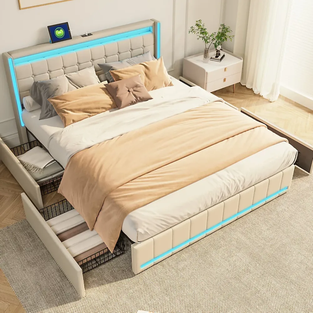 Simple Life Lit 140x200 Avec Sommier LED Et USB, Lit Coffre 140x200 Avec Lattes Et 4 Tiroirs , Beige* Lit Coffre