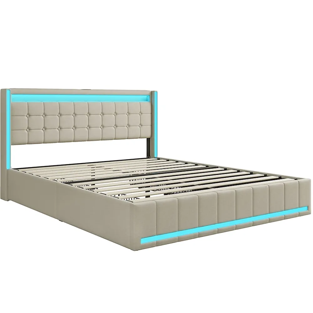 Simple Life Lit 140x200 Avec Sommier LED Et USB, Lit Coffre 140x200 Avec Lattes Et 4 Tiroirs , Beige* Lit Coffre