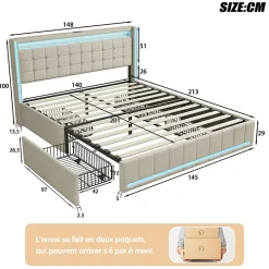Simple Life Lit 140x200 Avec Sommier LED Et USB, Lit Coffre 140x200 Avec Lattes Et 4 Tiroirs , Beige* Lit Coffre