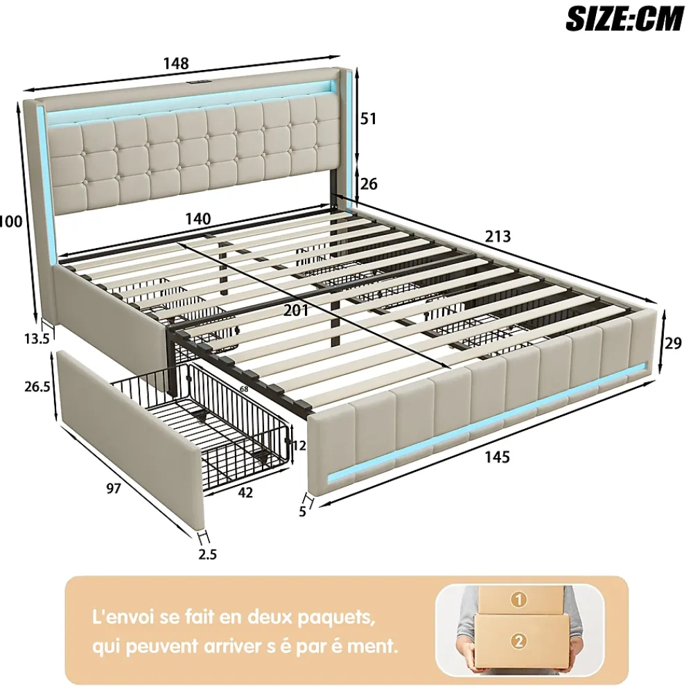 Simple Life Lit 140x200 Avec Sommier LED Et USB, Lit Coffre 140x200 Avec Lattes Et 4 Tiroirs , Beige* Lit Coffre