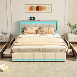 Simple Life Lit 140x200 Avec Sommier LED Et USB, Lit Coffre 140x200 Avec Lattes Et 4 Tiroirs , Beige* Lit Coffre