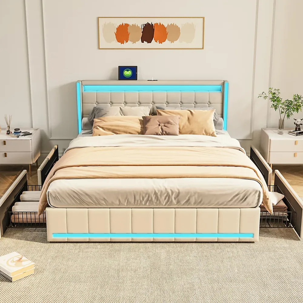 Simple Life Lit 140x200 Avec Sommier LED Et USB, Lit Coffre 140x200 Avec Lattes Et 4 Tiroirs , Beige* Lit Coffre