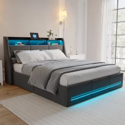 Lit 160x200 avec Sommier LED et USB, Lit Coffre avec Rangement et Tete de Lit, lit 2 persons de Rangement Hydraulique, Gris>Simple Life Sale