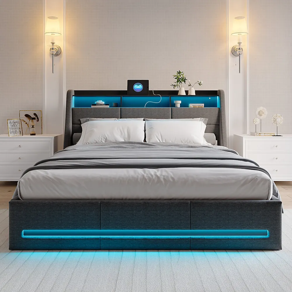 Lit 160x200 avec Sommier LED et USB, Lit Coffre avec Rangement et Tete de Lit, lit 2 persons de Rangement Hydraulique, Gris>Simple Life Sale