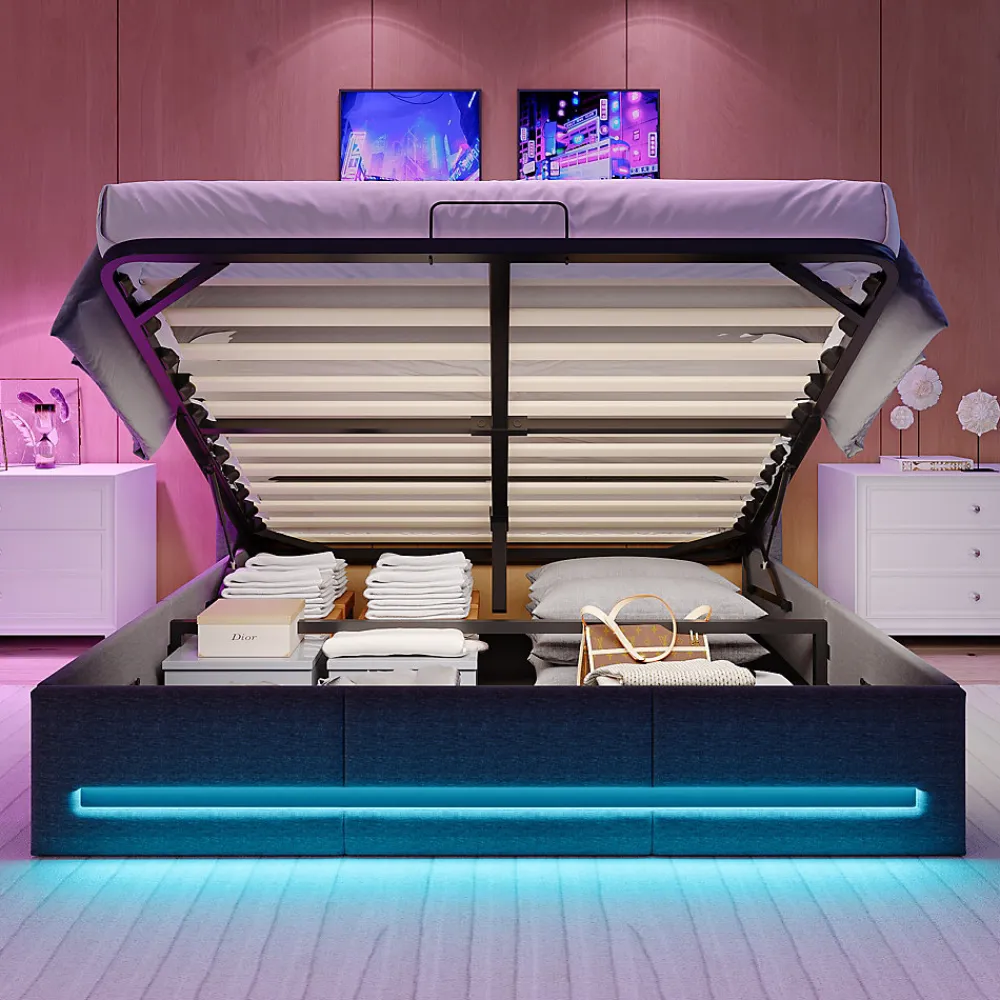 Lit 160x200 avec Sommier LED et USB, Lit Coffre avec Rangement et Tete de Lit, lit 2 persons de Rangement Hydraulique, Gris>Simple Life Sale