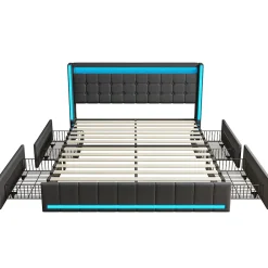 Simple Life Lit 180x200 Avec Sommier LED Et USB, Lit Coffre 140x200 Avec Lattes Et 4 Tiroirs , Gris* Lit Coffre