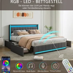 Simple Life Lit 180x200 Avec Sommier LED Et USB, Lit Coffre 140x200 Avec Lattes Et 4 Tiroirs , Gris* Lit Coffre