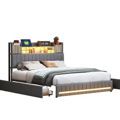 Lit 160x200 avec Sommier LED et USB, Lit Coffre avec 4 Tiroirs et Rangement Tête Delit, Gris>Fortuna lai New