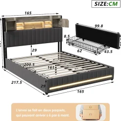 Lit 160x200 avec Sommier LED et USB, Lit Coffre avec 4 Tiroirs et Rangement Tête Delit, Gris><noscript><img width=