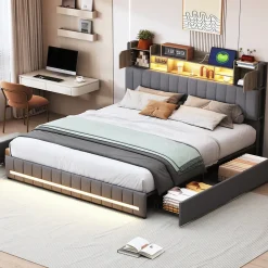 Lit 160x200 avec Sommier LED et USB, Lit Coffre avec 4 Tiroirs et Rangement Tête Delit, Gris><noscript><img width=