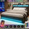 Fortuna lai Lit 140x190 Avec Sommier LED Et Charge USB, Avec 4 Tiroirs Et Tête De Lit De Rangement, Lin, Gris* Lit Coffre