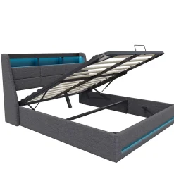 Fortuna lai Lit 140x190 Avec Sommier LED Et Charge USB, Avec 4 Tiroirs Et Tête De Lit De Rangement, Lin, Gris* Lit Coffre