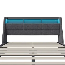 Fortuna lai Lit 140x190 Avec Sommier LED Et Charge USB, Avec 4 Tiroirs Et Tête De Lit De Rangement, Lin, Gris* Lit Coffre