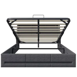Simple Life Lit 140x190 avec sommier LED et USB, lit coffre avec tête de lit, gris* Lit Coffre