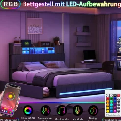 Lit 140x190 avec Sommier LED et USB, Lit Coffre avec 4 Tiroirs et Rangement Tête Delit, Gris><noscript><img width=