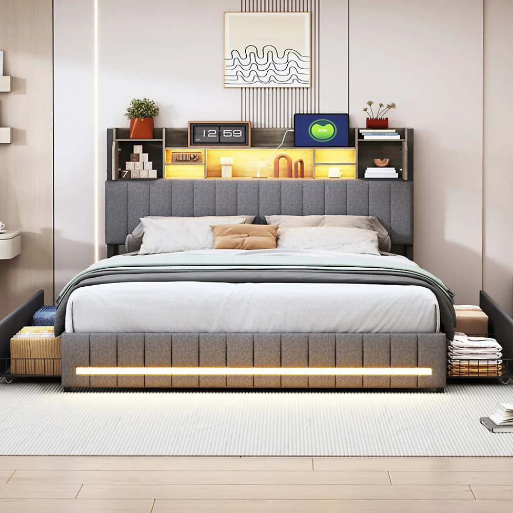 Lit 140x190 avec Sommier LED et USB, Lit Coffre avec 4 Tiroirs et Rangement Tête Delit, Gris>Fortuna lai Sale