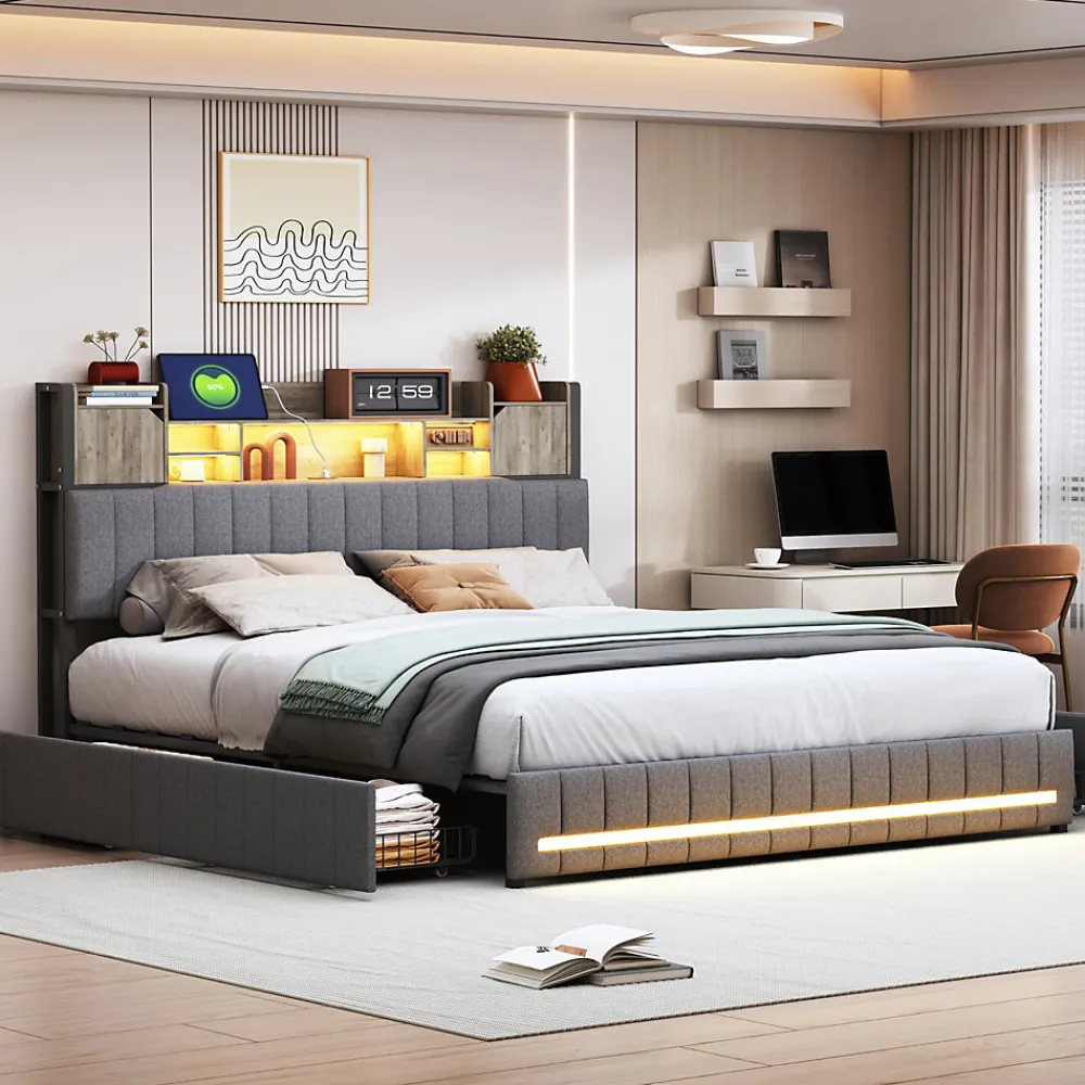 Lit 140x190 avec Sommier LED et USB, Lit Coffre avec 4 Tiroirs et Rangement Tête Delit, Gris>Fortuna lai Sale