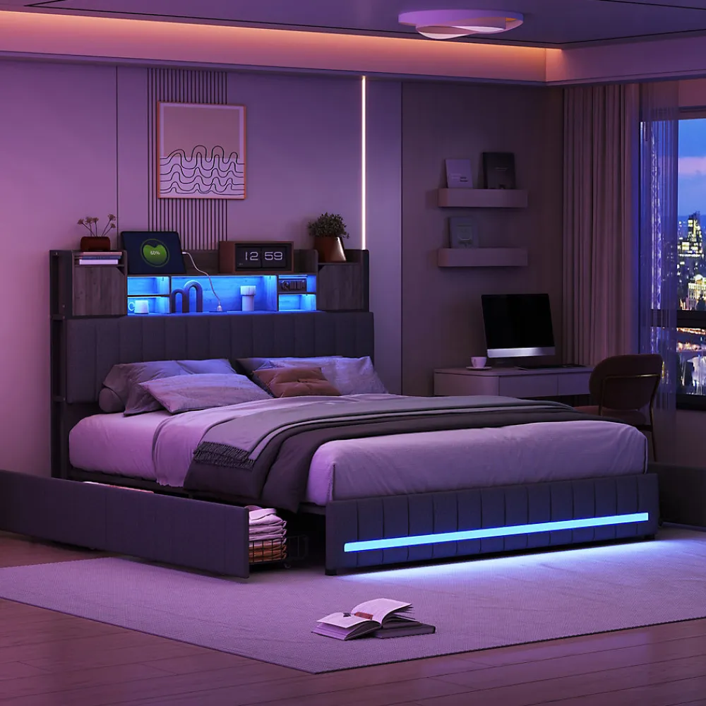 Lit 140x190 avec Sommier LED et USB, Lit Coffre avec 4 Tiroirs et Rangement Tête Delit, Gris>Fortuna lai Sale