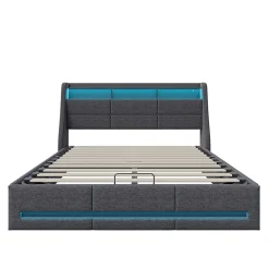 Lit 140x190 avec Sommier LED et USB, Lit Coffre avec Rangement et Tete de Lit, Gris><noscript><img width=
