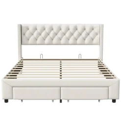 Lit 160x200 avec Sommier, Lit Coffre avec 2 Tiroirs et Hydraulique Rangement, Lits Double Rembourré en Velours,Beige>Fortuna lai Hot
